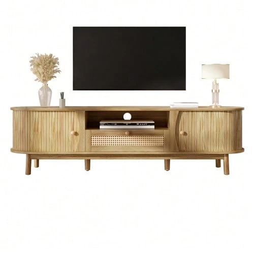 Mueble para TV con puertas y cajones. Mueble de ratán para TV, puertas de madera maciza, solución de almacenamiento de estilo rústico – panel frontal bajo. - Color natural - Ver 1