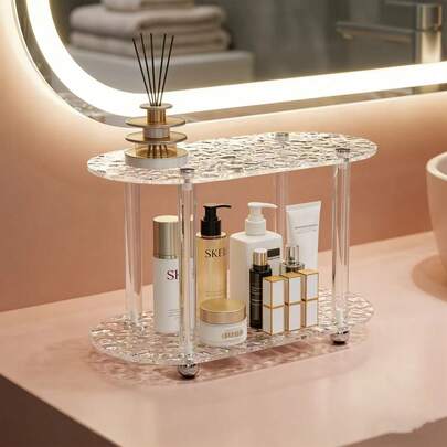1 chiếc kệ đựng nước hoa hai tầng bằng acrylic trong suốt, giá đựng mỹ phẩm và chăm sóc da để bàn, kệ trưng bày mỹ phẩm trong suốt tiết kiệm không gian, giá trưng bày acrylic 2 tầng, giá đựng chai nước hoa.