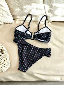 Conjunto de traje de baño elegante y grácil para mujer, diseño de patchwork de lunares en blanco y negro, busto con aro en forma de U, tirantes ajustables y cierre trasero sin espalda, shorts con fruncido lateral, adecuado para playa o vacaciones en primavera/verano - Azul - Ver 3