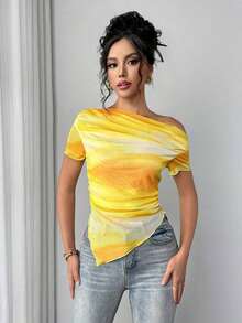 Camiseta de manga corta con hombros oblicuos y estampado de teñido anudado para mujer - Amarillo - Ver 5