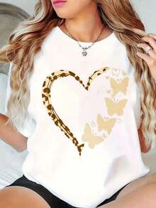 Women's Cotton T-Shirt With Round Neck And Graphic Print, Available In Black And White, Featuring Hearts, Butterflies, Leopard And Stars, Casual Wear, Loose Short-Sleeved T-Shirts For Spring,  Summer Basic T-Shirts, Gift Clothing For Women. - 白色 - 查看 7