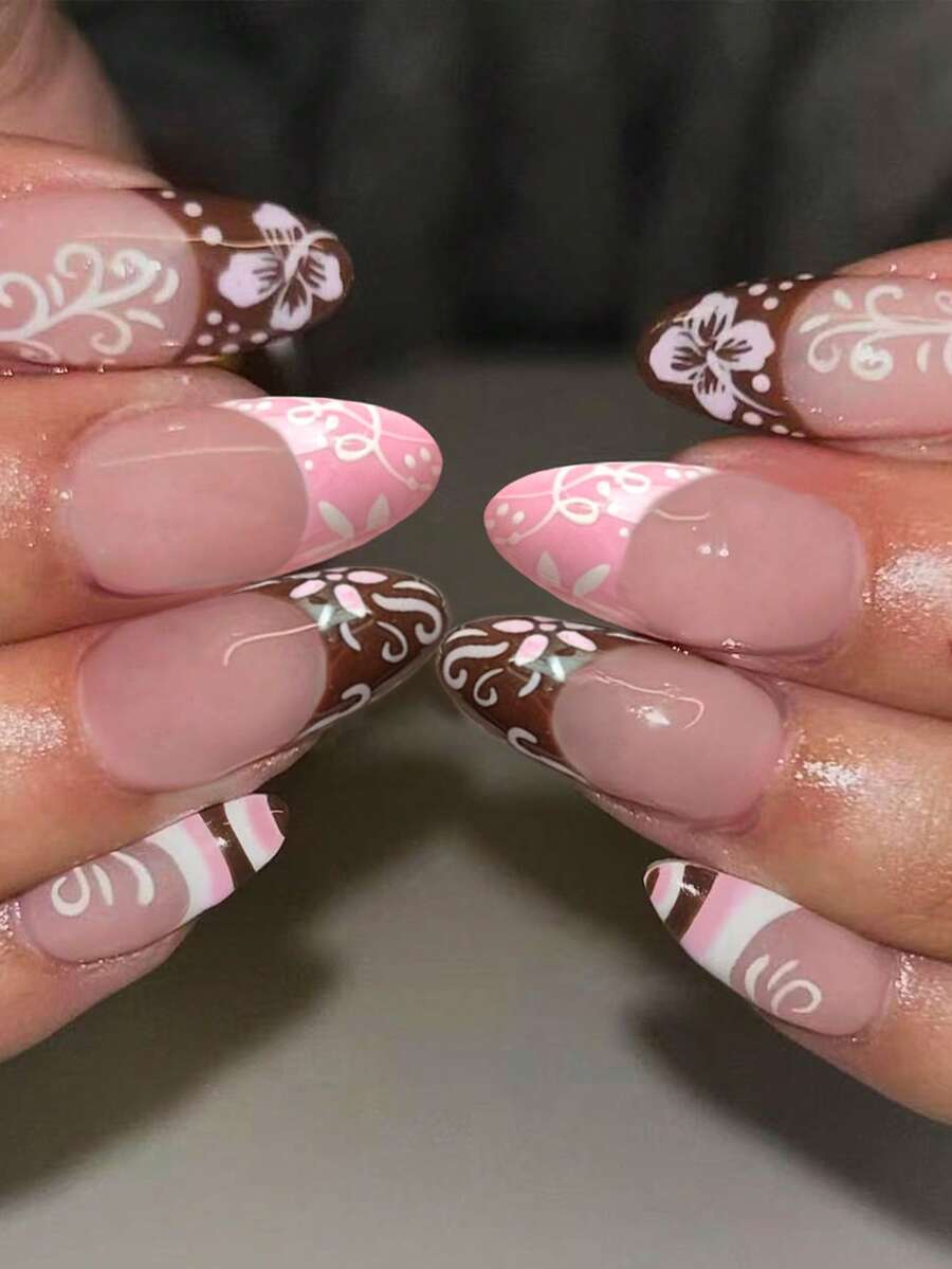 24pcs Long Almond-Shaped French Press-On Nails, Pink Nails With Striped & Floral Patterns, Perfect Fit, Includes 1pc Gel Polish And 1pc Nail File, Summer Manicure - Multicolor - View 1