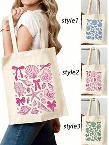 1 pieza Bolsa de tela plegable con estampado de lazo azul y rejilla, de gran capacidad y estilo casual para compras, adecuada para trabajo, viajes, compras, escuela y talla, excelente - Multicolor 7 - Ver 8