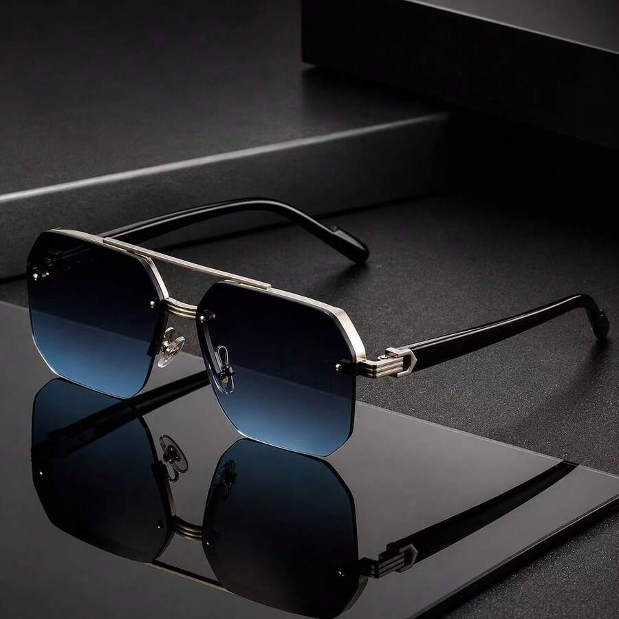 HOYNI 1 Pair Elegant Men's Large Frame Metal Double-Bridge Fashion Glasses, Round Double Rivet Exquisite Slimming Chic, Suitable For Travel, Vacation, Daily Wear, Beach And Outdoor Activities. Essential For Summer Beach Vacation And Outdoor Travel. - Multicolor - View 1