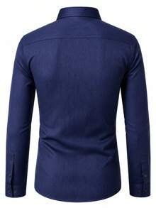 Men's Solid Color Single-Breasted Casual Versatile Daily Wear Shirt - Navy Blue - View 3