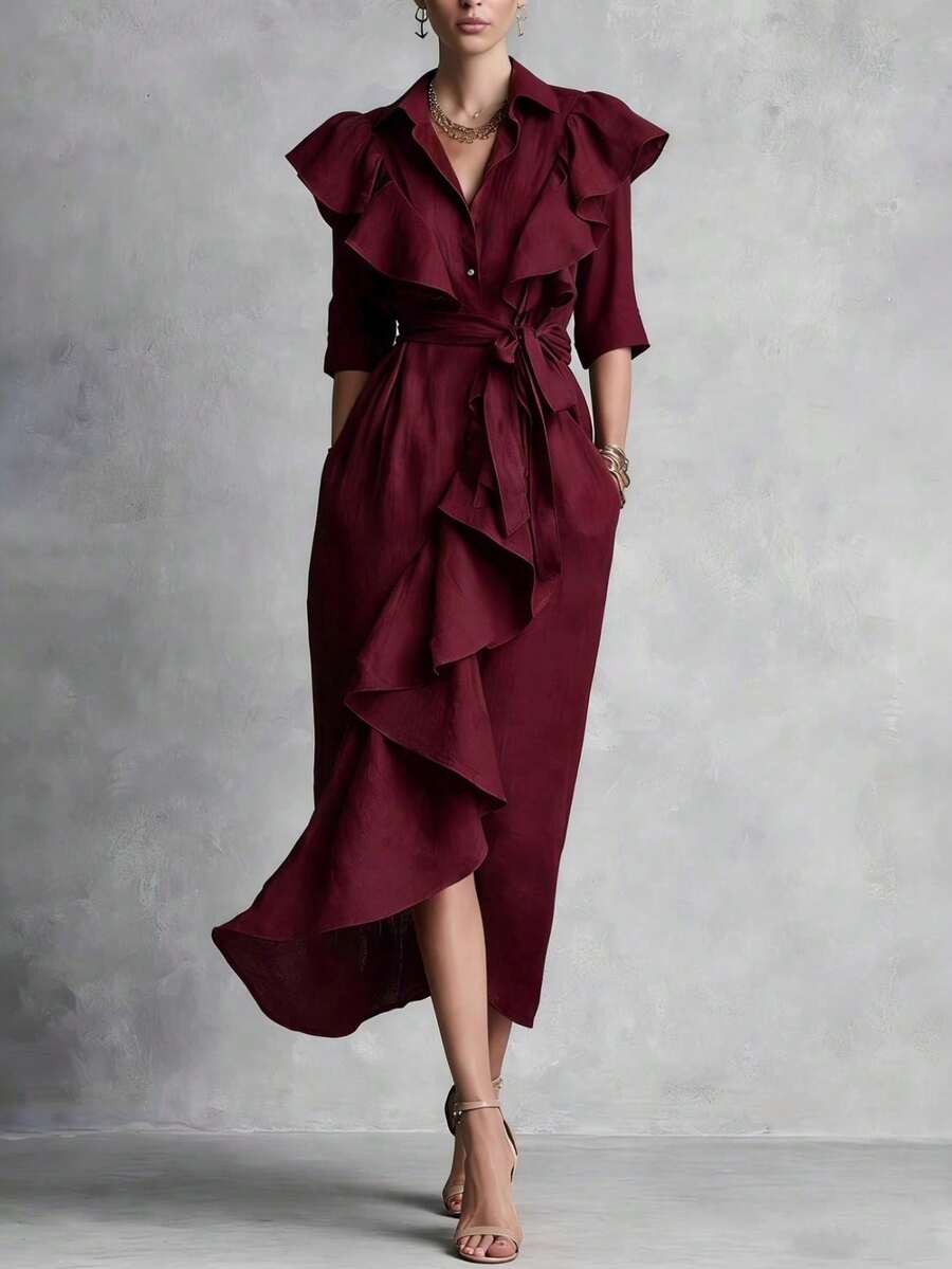 Vestido largo por debajo de la rodilla con cordón, corte holgado favorecedor, botonadura sencilla y volantes, nueva colección primavera-verano 2026 - Burdeos - Ver 1