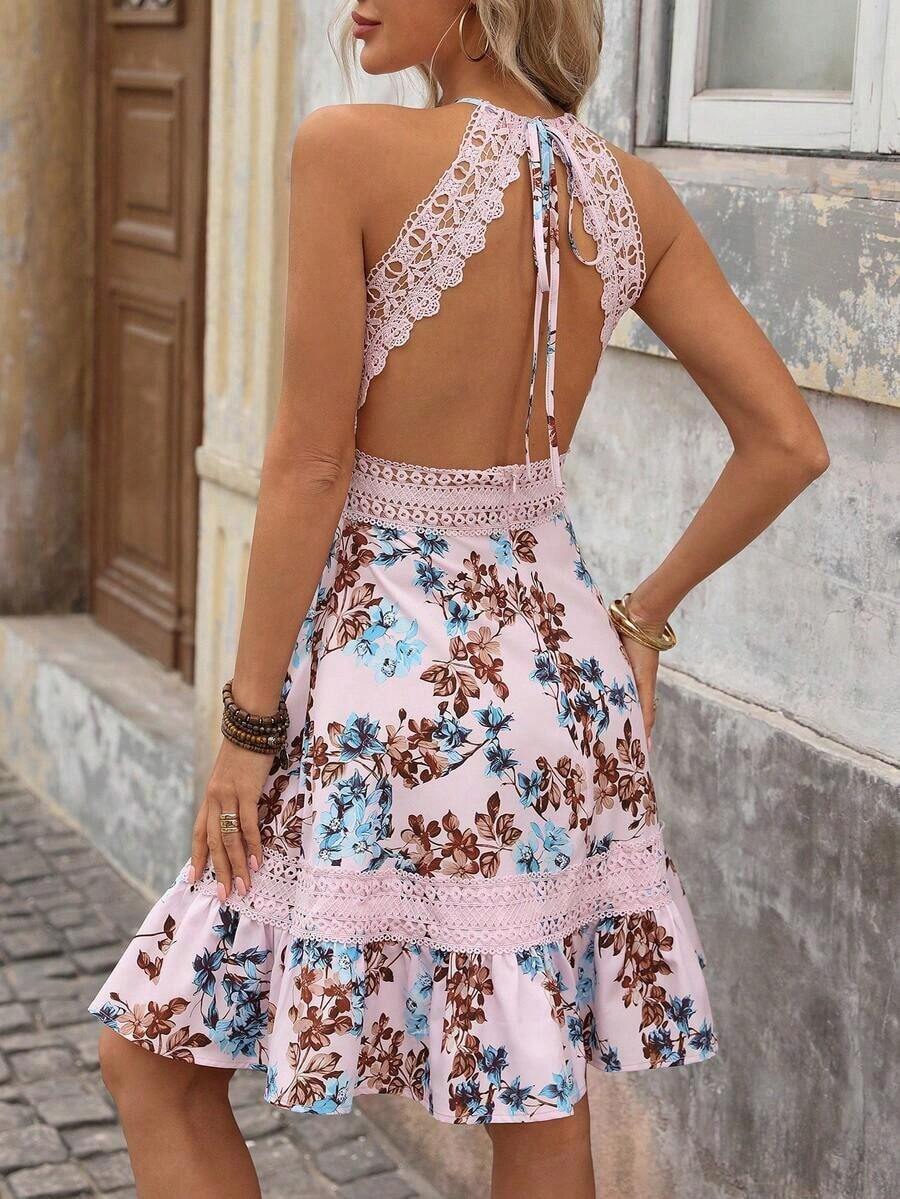 Vestido de verano con estampado floral y encaje de contraste para mujer - Lila Púrpura - Ver 1