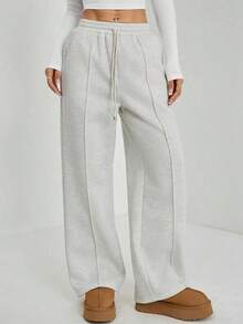 Pantalón de chándal de pierna recta con detalle de guijarro para mujer, mezcla de algodón cómoda - Gris Claro - Ver 7