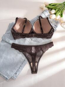 1 Set Women Lace Patchwork Underwire Bra & Panty Set - Chocolate Brown - View 6