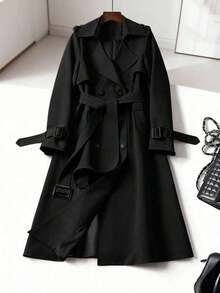 Abrigo de mujer versátil y elegante para otoño/invierno, abrigo largo de trench casual y de moda para ir al trabajo, abrigo midi de estilo británico para primavera - Negro - Ver 2