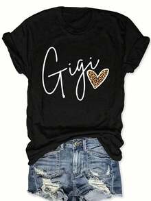 Camiseta Casual para Mujer "Gigi" con Estampado Gráfico - Manga Corta, Cuello Redondo, Negra con Detalle de Corazón, Poliéster Ligero, Uso en Todas las Temporadas, Ropa Casual|Camiseta de cuello redondo|Textura Brillante - Negro - Ver 6