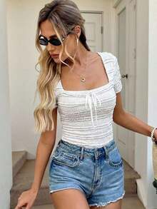Camiseta de mujer de manga corta con cuello cuadrado, decoración de mariposa, textura jacquard de unicolor, primavera/verano - Blanco - Ver 8