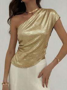 Blusa asimétrica de unicolor y textura simple con bajo asimétrico para mujer, ideal para playa y vacaciones, estilo boho tropical, corta, elegante, simple, delgada y versátil para uso diario, top de verano - Dorado - Ver 5