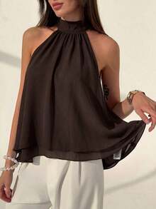 Blusa sin mangas de unicolor elegante y brillante para mujer, de verano - Café integral - Ver 1