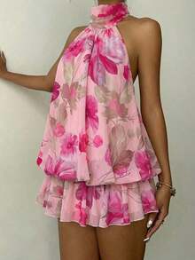 Vestido mini elegante de mujer con estampado de lunares y escote halter sin espalda - Rosa - Ver 5