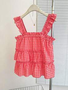Top sin mangas a cuadros casuales para mujer, verano - Rojo - Ver 4