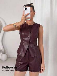 Conjunto de 2 piezas para mujer: Chaleco de metal de un solo pecho y shorts para el verano - Burdeos - Ver 7
