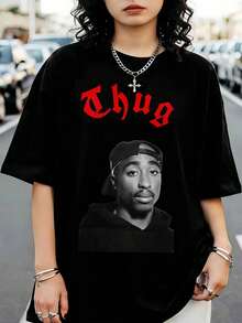Shakur ThugS T-Shirt With Gothic Text, 2PacSSS Black Hoodie, Graphic T-Shirt, Hip-Hop Streetwear - Black - View 6