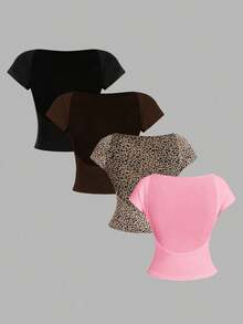 4 piezas Camisetas de mujer de cuello redondo, ajustadas, con espalda descubierta y diseño minimalista de patrones, adecuadas para el verano - Multicolor 19 - Ver 1