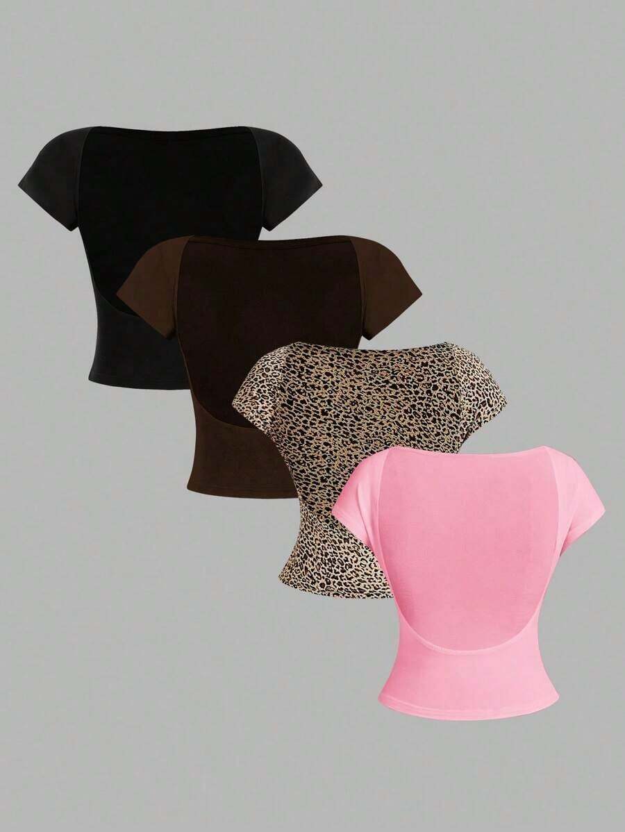 4 piezas Camisetas de mujer de cuello redondo, ajustadas, con espalda descubierta y diseño minimalista de patrones, adecuadas para el verano - Multicolor 19 - Ver 1