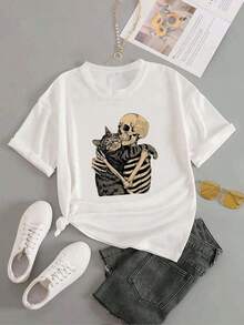 1pieza Blusas de mujer hermosas Blusas para mujeres Conjuntos de ropa para mujeres Camiseta blanca y negra de 180G con impresión de gato y esqueleto abrazándose Alta calidad Cuello redondo básico holgado transpirable Versátil Lavable en máquina Cómodo Talla S ~ 3XL Esencial diaria casual deportiva para verano. Puro Algodón - Blanco - Ver 5
