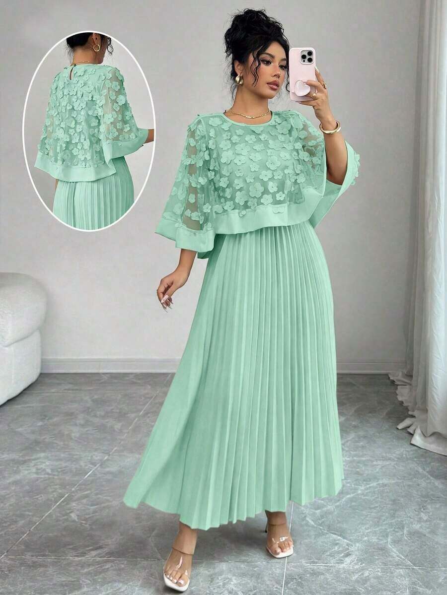 Vestido con decoración floral elegante y bajo plisado, adecuado para bodas, fiestas de cumpleaños y otras ocasiones, otoño - verde menta - Ver 1