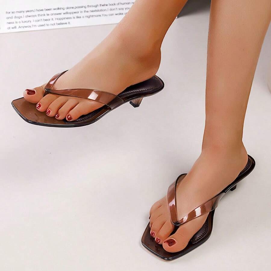 Sandal quai ngang mũi vuông, dép xỏ ngón gót thấp, giày nhựa đế thấp - màu nâu - Xem 1