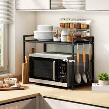 Extendable Microwave Shelf, Microwave Stand With 3 Hooks, Kitchen Rack, Metal Microwave Stand, Black - 黑色 - 查看 8