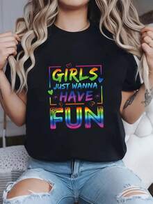 Plus Size - Plus Size - I Just Want To Have Fun. Women's Short Sleeve Crew Neck T-Shirt With Gradient Decorative Text Print For Spring And Summer - 黑色 - 查看 1