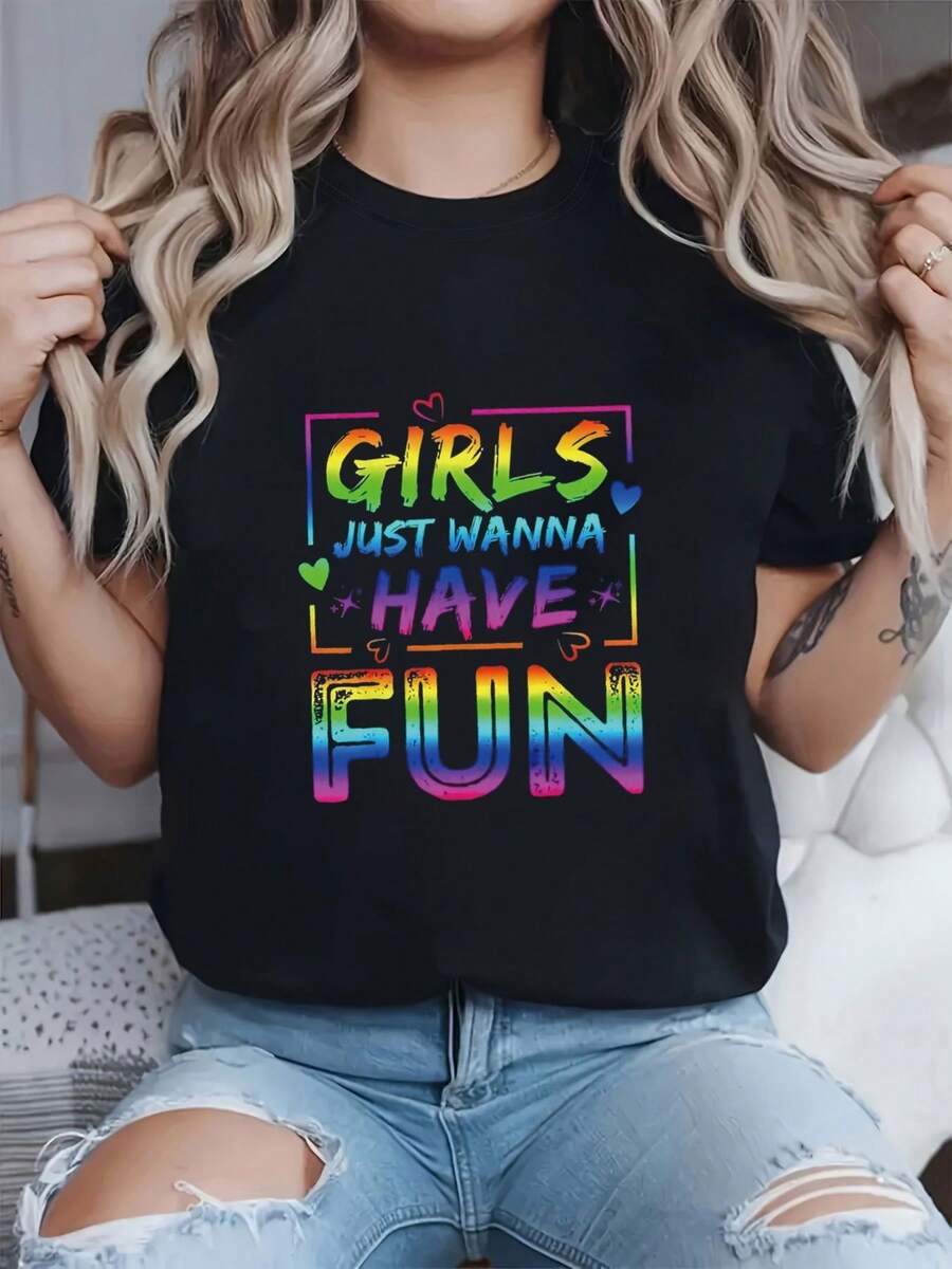 Plus Size - Plus Size - I Just Want To Have Fun. Women's Short Sleeve Crew Neck T-Shirt With Gradient Decorative Text Print For Spring And Summer - 黑色 - 查看 1