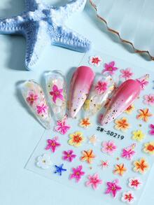 2片5D立体芙蓉花美甲贴纸，彩色法式花卉和海星图案自粘美甲贴花，热带夏季花卉美甲装饰，适合度假、海滩派对和日常DIY美甲 - 彩色 - 查看 6