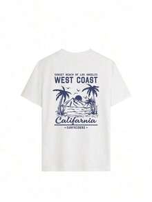 1 Piece Of Women's "West Coast California" Beach Print Retro T-Shirt, 100% Cotton, Spring-Summer 2026, Classic Round Neck, Short Sleeve, Casual Top For Vacation, Beach And Daily Wear, 180g 100% Cotton. - 白色 - 查看 3