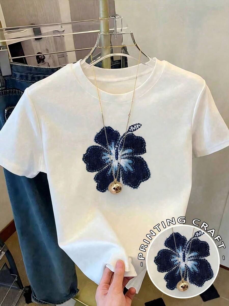 Camiseta blanca ajustada de manga corta para mujer, estampado gráfico, estilo casual diario, ideal para verano - Blanco - Ver 1