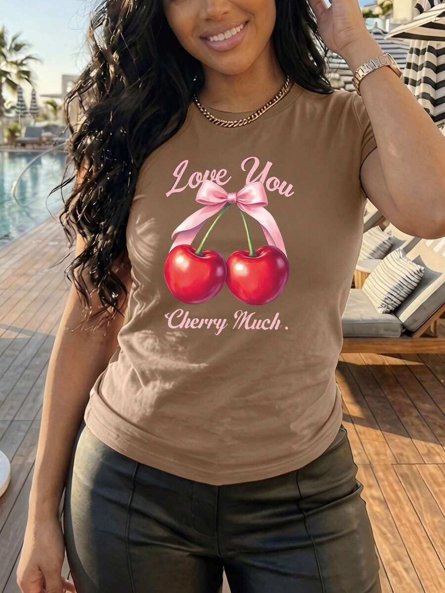 White T-Shirt With Cherries "Love You Cherry Much" Casual Short-Sleeved T-Shirt Cherry Print T-Shirt Cherry Graphic Design With Romantic Phrase Youthful / Sweet / Feminine Style - YH303-棕色 - 查看 1