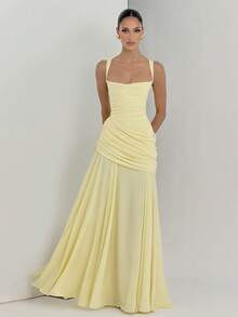 Nueva Llegada Vestido Gala Solido Escote Bajo Espalda Descubierta Siren - Amarillo - Ver 1