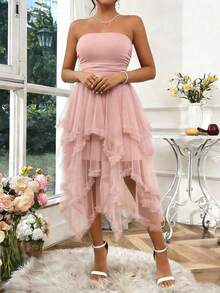 Vestido largo de mujer de unicolor con panel de malla sin tirantes - Rosa - Ver 4