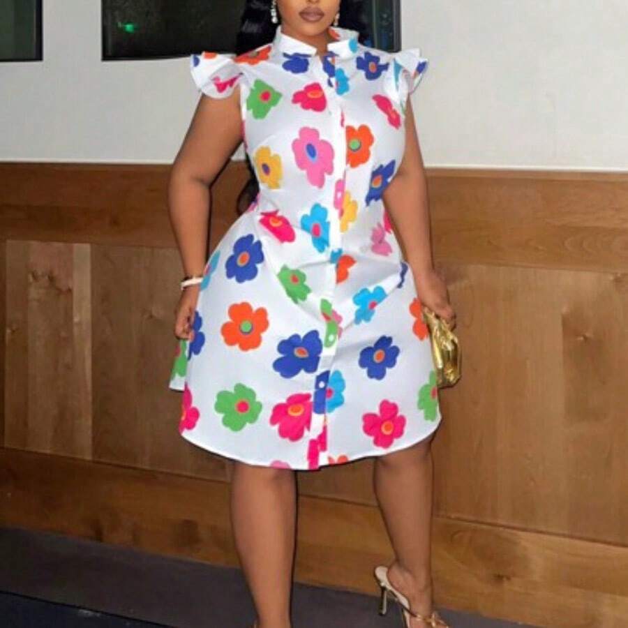 Vestido acampanado con manga acampanada y volantes románticos para mujer con estampado gráfico de póster retro informal de talla grande, festival de música, Y2K - Blanco - Ver 1