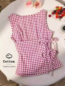 Camisa sin mangas con cuello redondo de estilo universitario retro y a cuadros, con diseño sexy para mujer.Nueva blusa de verano con cordones, ajuste ceñido y delicado estilo femenino y dulce - Rosa - Ver 7