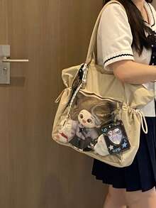 1pc Fashionable Casual Reversible Nylon Drawstring Transparent Badge Decor Large Capacity Shoulder Bag, Suitable For Daily, Commuting, Party, Holiday Gift For Women - Multicolor - View 5