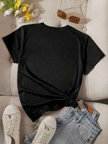 Camiseta de mujer con estampado de búho, cuello redondo, manga corta, moderna y casual para deportes y tenis.Transpirable y no provoca sudoración, suave y lisa, con una sensación de calidad.Adecuada para deportes y fitness, uso diario, vacaciones, oficina, escuela, fiestas y otras ocasiones diversas. - Negro - Ver 2