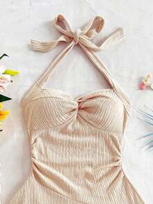 AVestido mini sexy con espalda descubierta, corbata en el cuello, dobladillo fruncido y doble capa, adecuado para fiestas, citas, San Valentín - Albaricoque - Ver 3