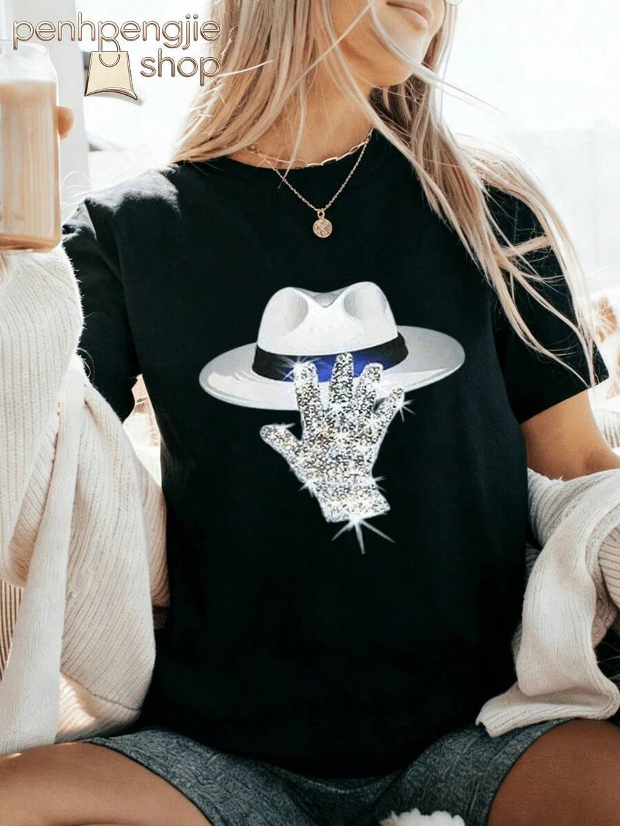 Camiseta Oversize Estampada "The King Of Pop" de Jackson para Mujer, Ropa para Conciertos, Camisetas Estampadas para Mujer, Ropa para Vacaciones en la Playa, Ropa de Verano para Mujer, Ropa para Conciertos Country, Ropa para Brunch para Mujer - Negro 4 - Ver 1