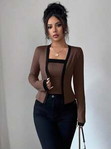 Set de 2 piezas: Top de mangas largas con panel de color elegante de frente abierto y camiseta sin mangas para mujer - Café integral - Ver 4