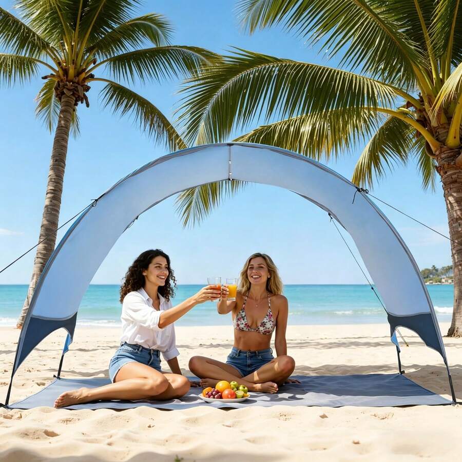 Beach Tent Sun Shelter For 3 Person, UPF 50+ Protection, Portable Sun Shade Canopy With Carrying Bag & Ground Stakes, Lightweight And Easy Setup Beach Umbrella For Camping Fishing Outdoor Picnic - for 3 Person, Ground Stakes - 查看 1