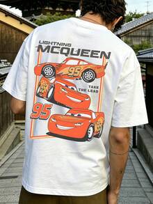Men's Disney Cars Vintage Lightning McQueen Tee, Retro Print, Loose Fit, Casual Streetwear. - 白色 - 查看 3