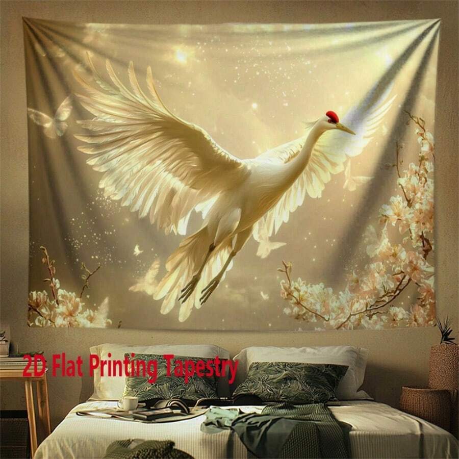 2D Flat - 2D Flat - A Vint Tapestry Featuring A Flying Whe Crane Surrounded By Flowers, E Of Polyester, For Festive Decoration. This Elegant Wall Hanging Is Suable For Home, Living Room, Bedroom, Or Office Stu Decor - 1PC - View 1