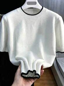 Men's Casual Versatile Solid Color Short Sleeve Knit Top, Suitable For Daily Wear And Commuting - White - View 2