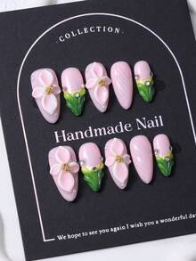 10 Stück/Set handgemachte kurze mandelförmige Nagel-Kappen in Y2K-Rosa, mit französischen und 3D-handbemalten Blumen sowie handgezeichnetem Farbverlauf-Design. Inklusive 1 Stück Gelee-Gel und 1 Nagelfeile. Ideal für den täglichen Gebrauch und die Nagelpflege bei Partys. - Pink - Übersicht 3