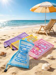 Striped Mesh Beach Bag, Colorful "Beach" Printed Makeup Bag, Beach Theme. Large Capacity Makeup Bag, Nylon Zipper Wash Bag - Lightweight, Can Store Sunscreen, Snacks, Bikinis, Documents, And Beach Essentials. - Multicolor - View 7