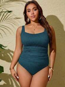 Traje de baño de una pieza de talla grande con tela acanalada, fruncido en el abdomen y cuello de barco, adecuado para vacaciones de verano y playa - Agua verde azul - Ver 3